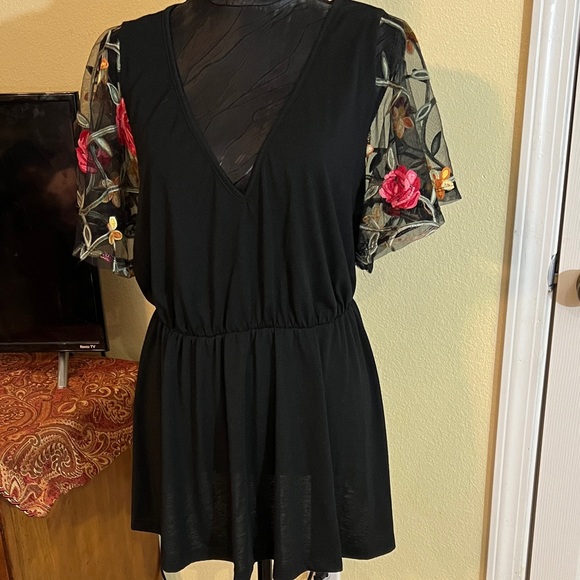 Tops - Black tunic with Floral Embroidered Sleeves